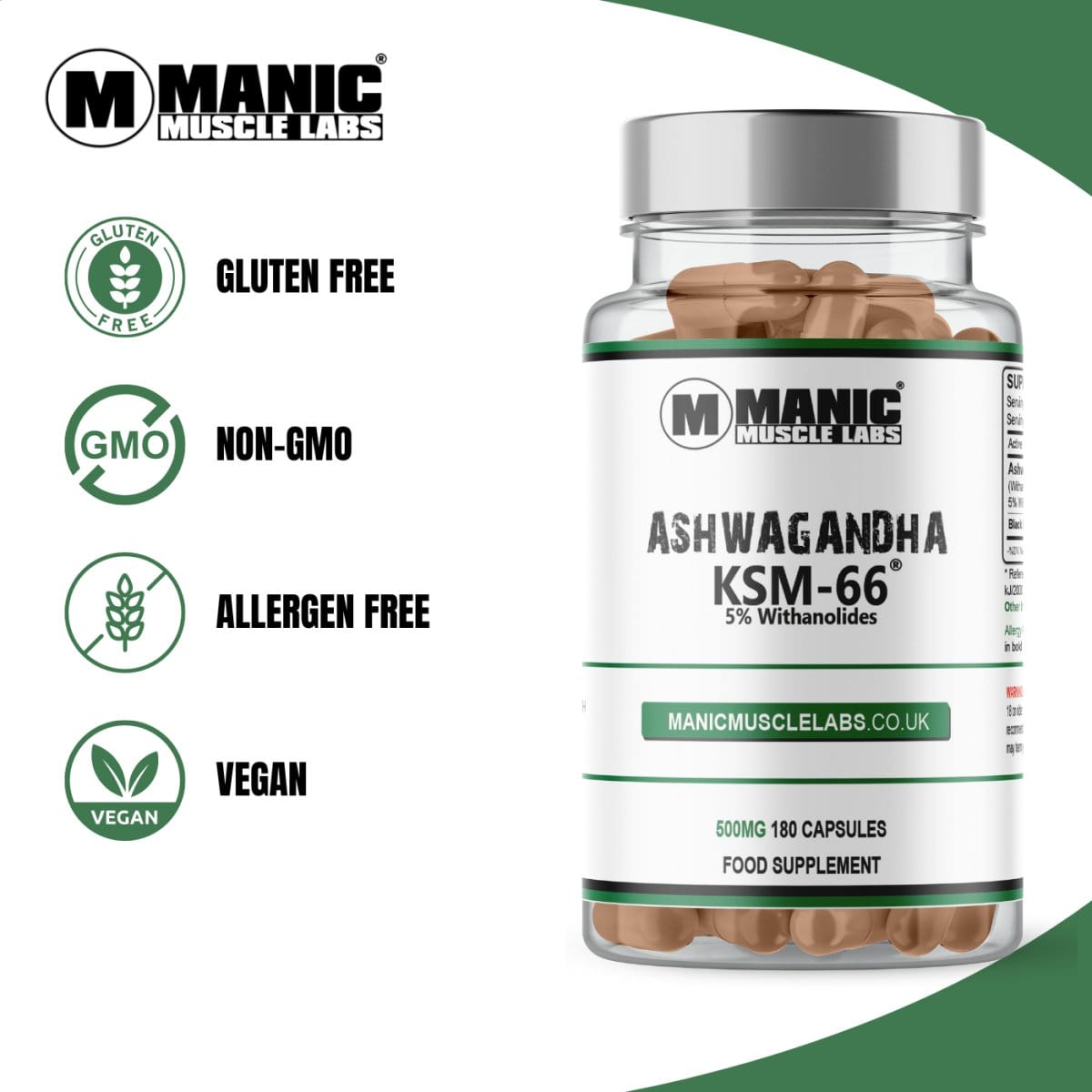 Organic Ashwagandha KSM - 66 500mg 5% Withanolides 180 Vegan Capsules - Manic Muscle Labs