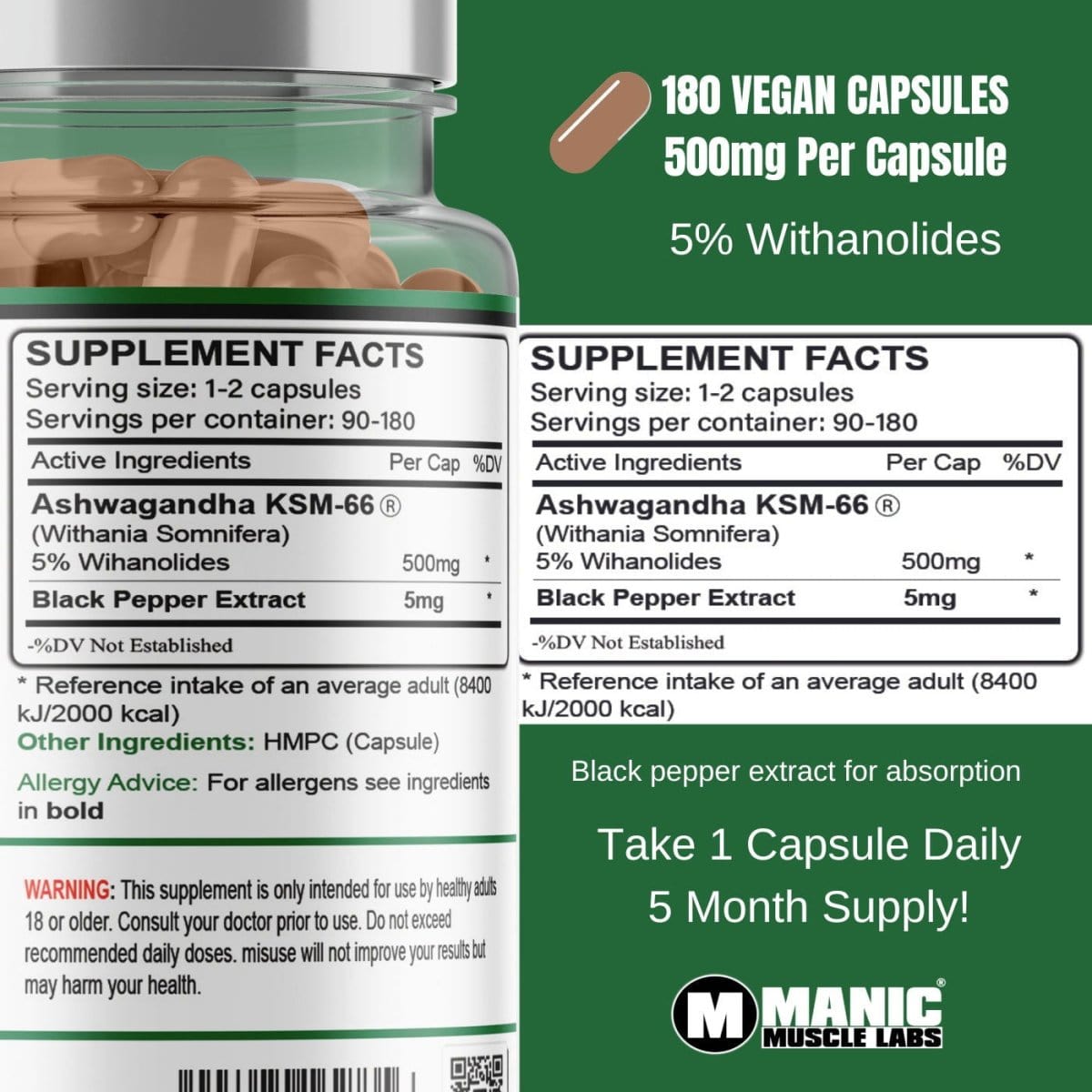 Organic Ashwagandha KSM - 66 500mg 5% Withanolides 180 Vegan Capsules - Manic Muscle Labs