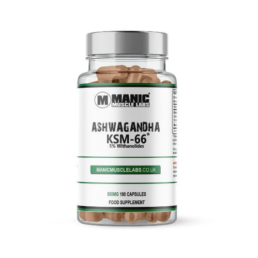 Organic Ashwagandha KSM - 66 500mg 5% Withanolides 180 Vegan Capsules - Manic Muscle Labs